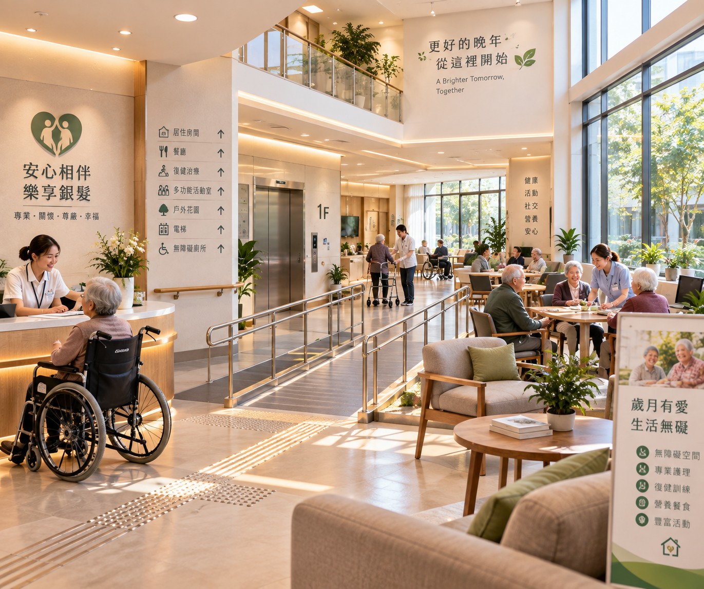 使用者提供的長照機構大廳與照明空間示意